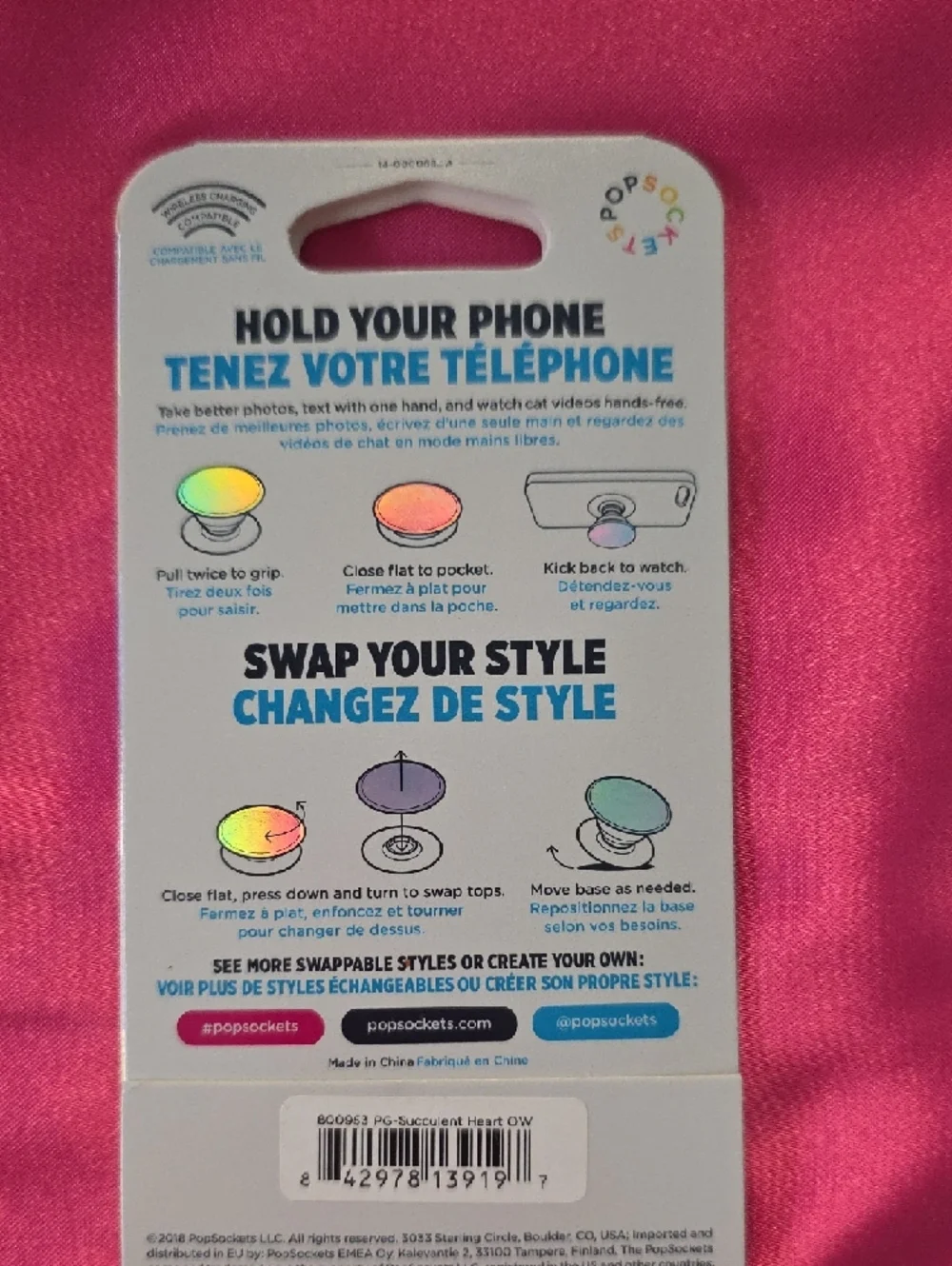 PopSockets PopGrip White Top with Blue-Green Heart Cactus and Pink Flower